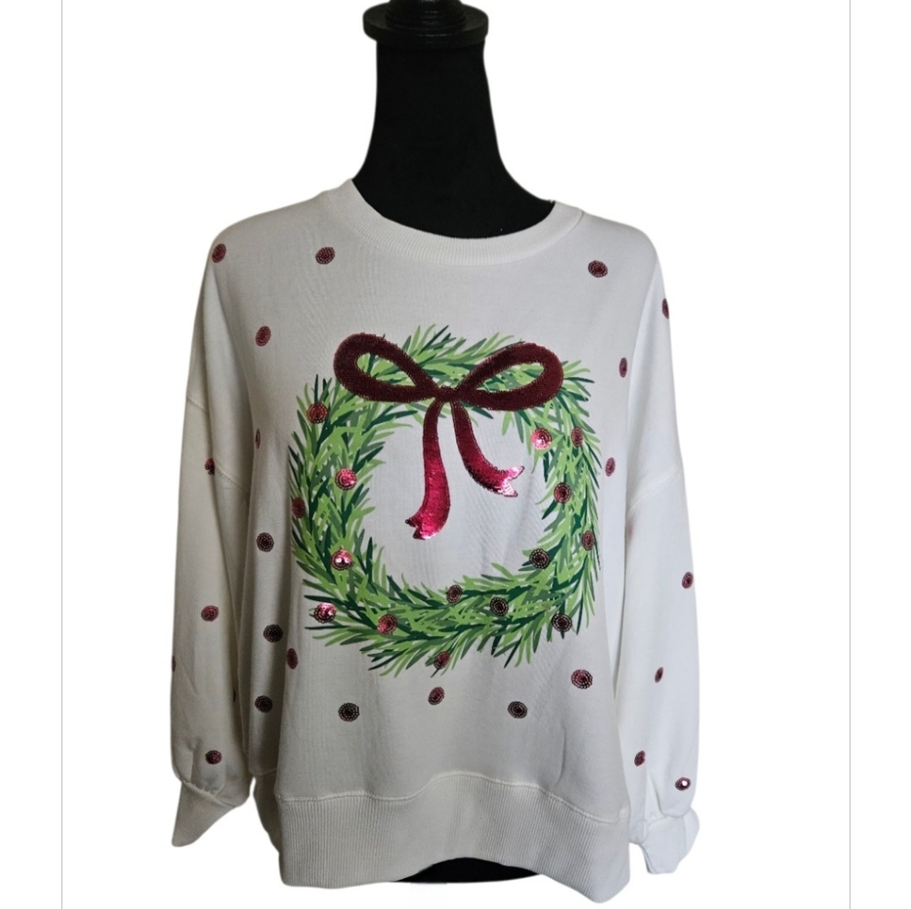 White Holiday Wreath Sequin Sweatshirt